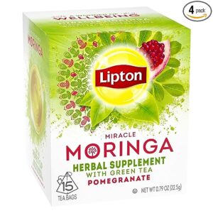 Lipton Herbal Supplement Tea Bags, Miracle Moringa with Green Tea and Pomegranate, 15 ct, Pack of 4